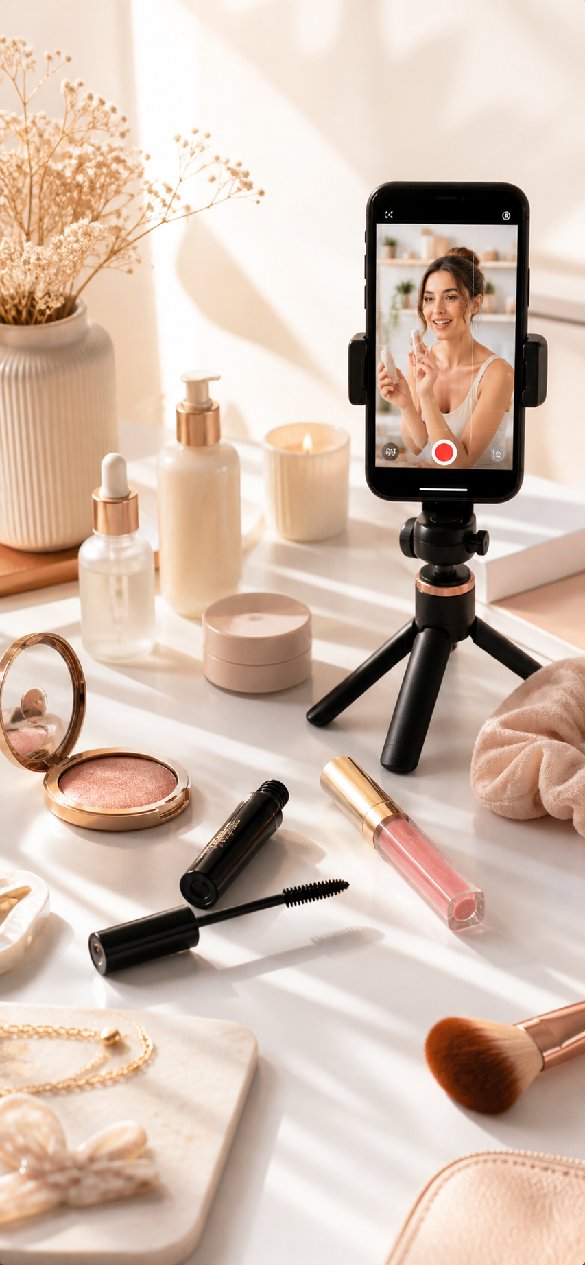Beauty creator filming products on a bright desk